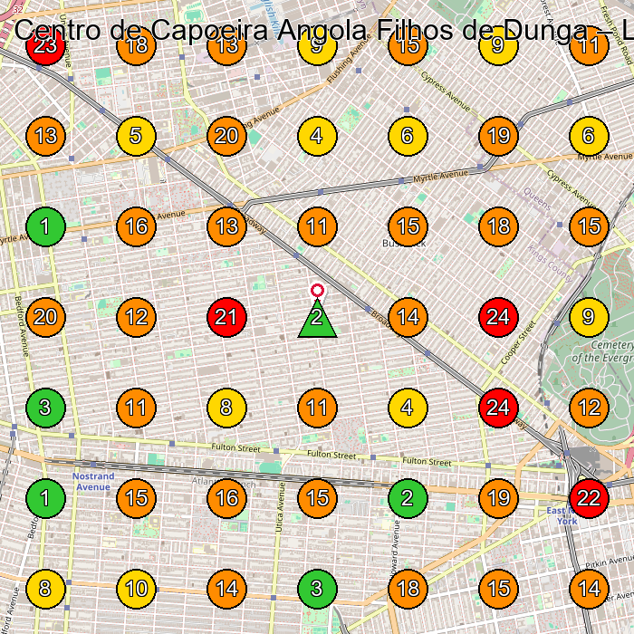 Centro de Capoeira Angola Filhos de Dunga Physical Fitness Program GeoGrid ranking map for 422 Central Ave Brooklyn